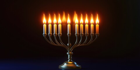 Fototapeta premium A lit menorah with candles on it. The candles are lit and the menorah is on a dark background