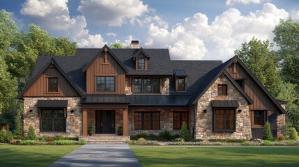 House exterior with view of the dark pitched roof against a cloudy blue sky