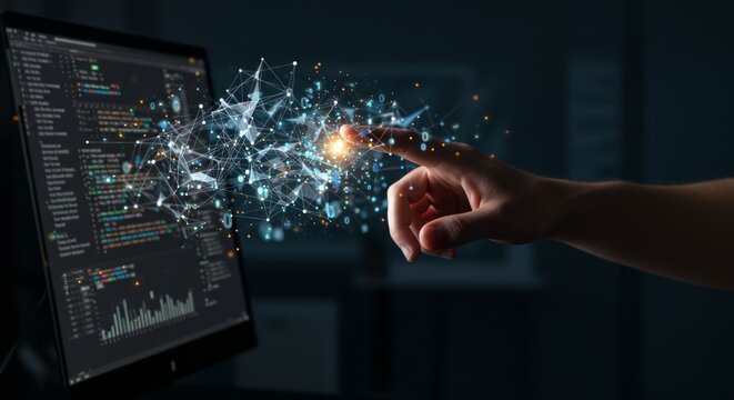 Hand interacts with glowing data network. Dark tech background with computer screen. Modern, futuristic, data-driven