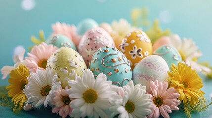 Fototapeta premium A bunch of Easter eggs are surrounded by flowers on a table. The eggs are decorated with gold and white designs, and the flowers are yellow and pink. Concept of celebration and joy