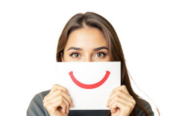 Closeup of a woman holding a card with a red smile symbol over her mouth, isolated on a white background. Concept of happiness and positivity. Ai generative