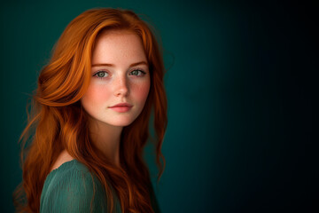 Fototapeta premium portrait of a girl with ginger hair in a teal studio