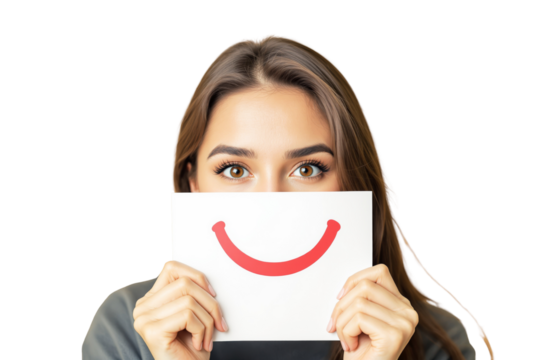 Closeup of a woman holding a card with a red smile symbol over her mouth, isolated on a white background. Concept of happiness and positivity. Ai generative