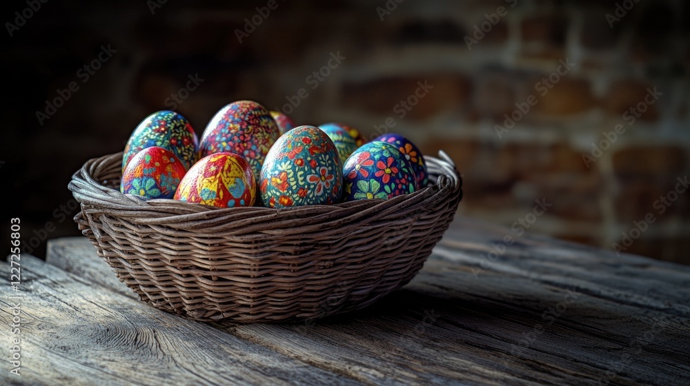 Poster a basket of colorful eggs sits on a wooden table. the eggs are arranged in a pattern, with some over