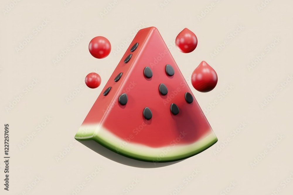 Poster a 3d rendering of a watermelon slice with red spheres and droplets, suggesting juiciness and summer.