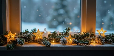 Golden star garland draped across a frosty windowsill amidst snowflakes and evergreen branches , windowsill, evergreen, branches