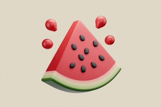 A 3D rendered image of a watermelon slice with seeds playfully floating around it.