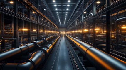 Obraz premium A factory interior bathed in warm, industrial lighting, showcasing massive pipes running through multiple levels of the building, with automated processes in full operation.
