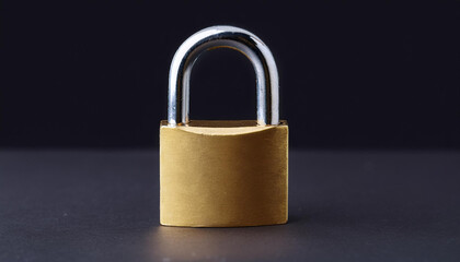 Fototapeta premium Golden padlock on dark backdrop. Security, safety and protection concept.