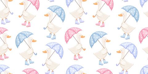 Seamless pattern with cute goose character with umbrella, baby animal, watercolor illustration on white for kids © Elena
