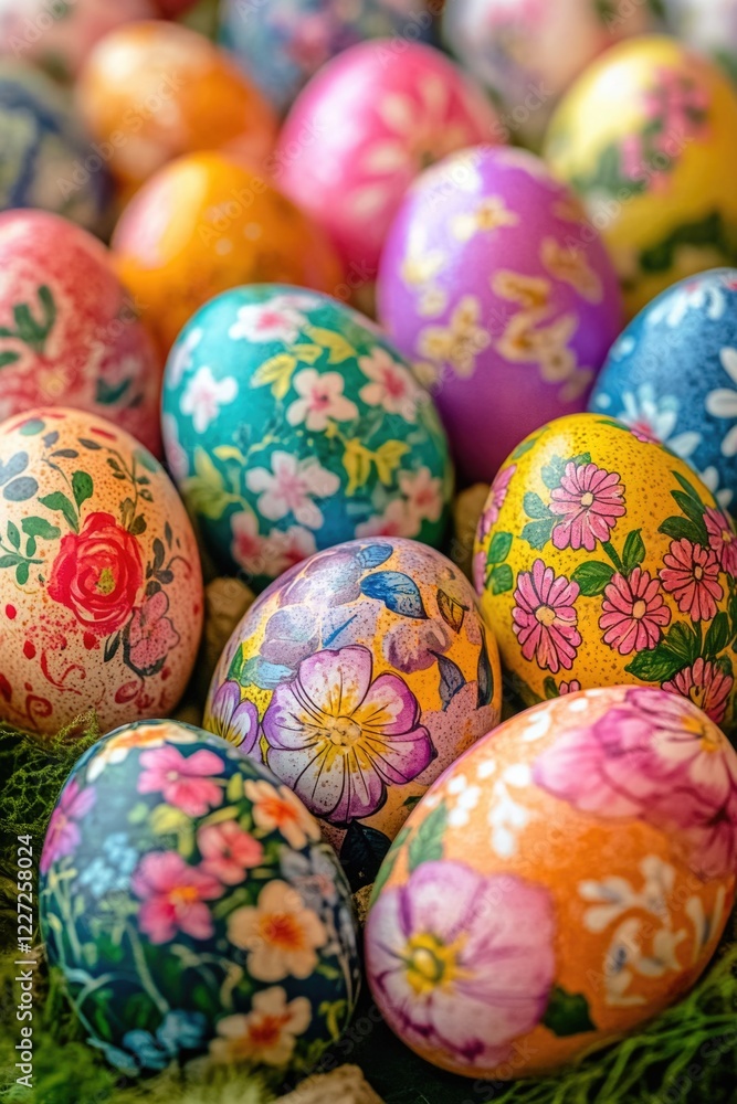 Poster a bunch of colorful eggs with flowers on them. the eggs are arranged in a row and are of different s