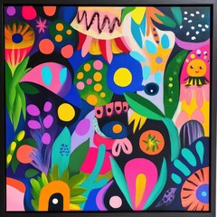 A colorful painting of a garden with many different flowers and plants
