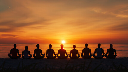 Fototapeta premium A peaceful yoga session at sunrise on a beach, with participants silhouetted against the orange horizon.