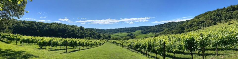 Obraz premium Lush vineyard landscape with rolling hills under clear blue sky