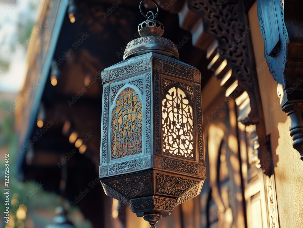 Poster a lamp with a gold and silver design is hanging from a wooden beam. the light is shining through the