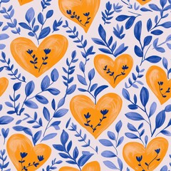 Neon orange hearts with electric blue floral details seamless pattern, repeating pattern, soft lavender background, valentine pattern