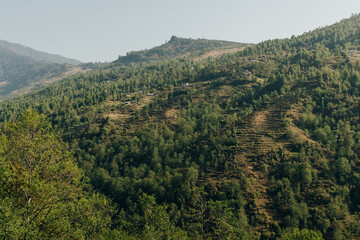 Fototapeta premium Terraced farming in Nepal. Village on a terraced hill during Annapurna Circuit Trek in Himalayas, Annapurna Conservation Area, Nepal. Rise fields. Agricultural concept