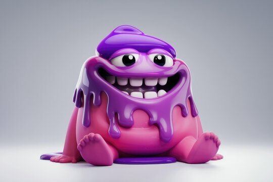 A playful, gooey monster with a wide grin, dripping purple slime, sits happily.