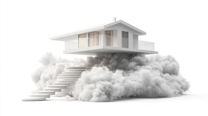 House on the clouds with stairs isolated on a white background
