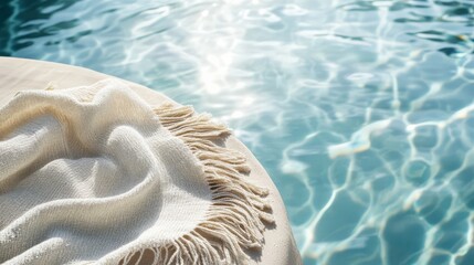 A white blanket is laying on a poolside, with the water reflecting the sunlight