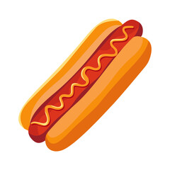 Hot dog with juicy sausage seasoned with mustard Vector illustration of fast food, street food Isolated on white background