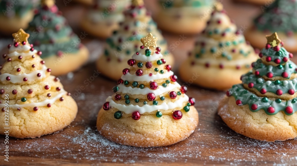 Poster A collection of festive Christmas cookies in the shape of trees, each one adorned with colorful beads and icing. The cookies are arranged in a row on a wooden surface