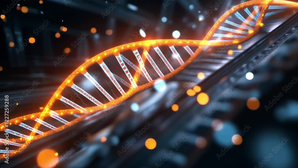 Poster a vibrant representation of dna strands illuminated by dynamic lights in a futuristic setting