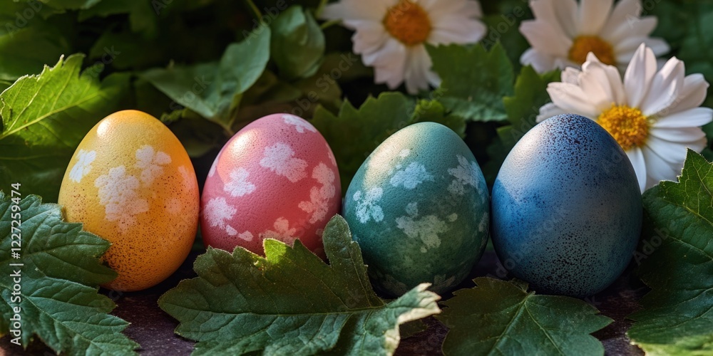 Poster four eggs with different colors are sitting on a leafy green background. the eggs are decorated with