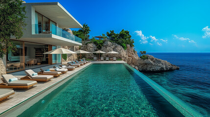 Fototapeta premium Breathtaking oceanfront villa with infinity pool. Luxurious modern design, dream vacation escape. Paradise, travel, architecture, lifestyle, relax, sunny, serene scene.