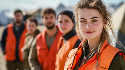 A team of five humanitarian workers, three women and two men, wearing volunteer vests, standing in a refugee camp with blurred tents in the background. Their kind and compassionate expressions reflect