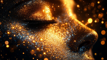 Celestial beauty with golden glitter on skin. Close up female face, sparkling lights. Abstract, elegant, luxury. Magic dust, glow, mystery, bokeh, cosmic.