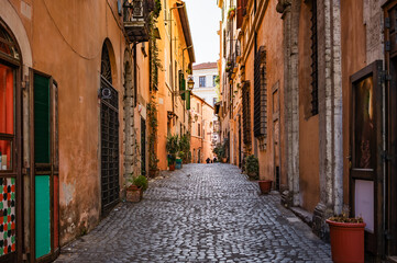 Alley paved with cobblestone in the old town, Rome, Lazio, Italy