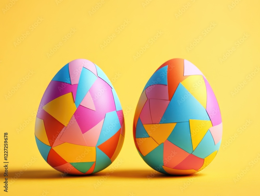 Poster two colorful eggs with a mosaic design on them. the eggs are placed on a yellow background. the eggs