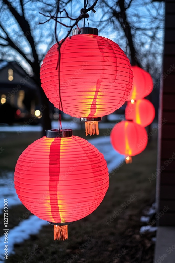 Poster a row of red lanterns hanging from a tree. the lanterns are lit up and are glowing in the dark