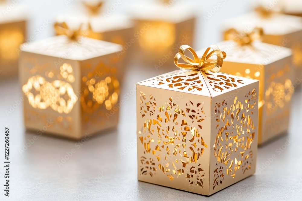 Poster a row of gold boxes with bows on top of them. the boxes are all different sizes and are arranged in 