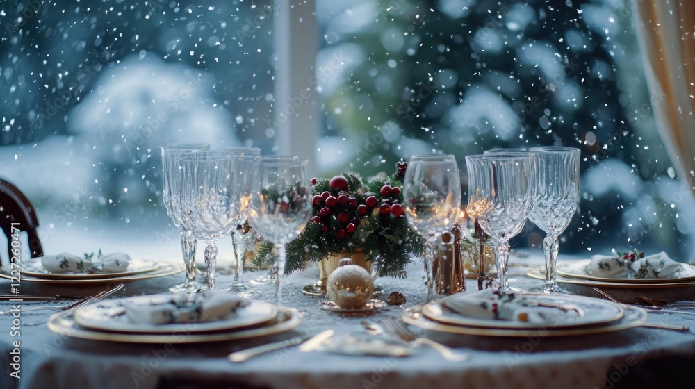 Poster a table with a christmas table setting with a vase of red berries and a gold ball. the table is set 