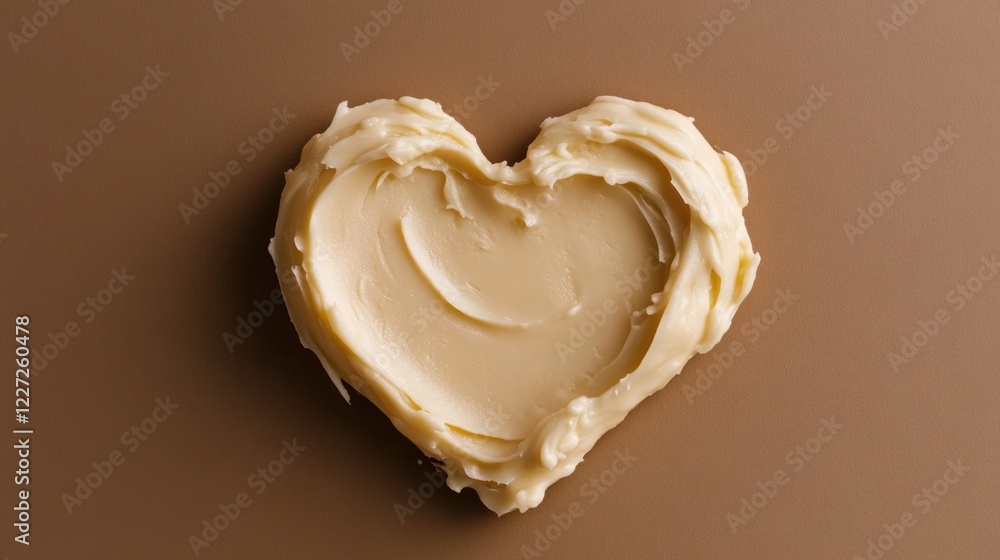 Poster a heart made of butter on a brown surface. the butter is spread out and has a smooth texture