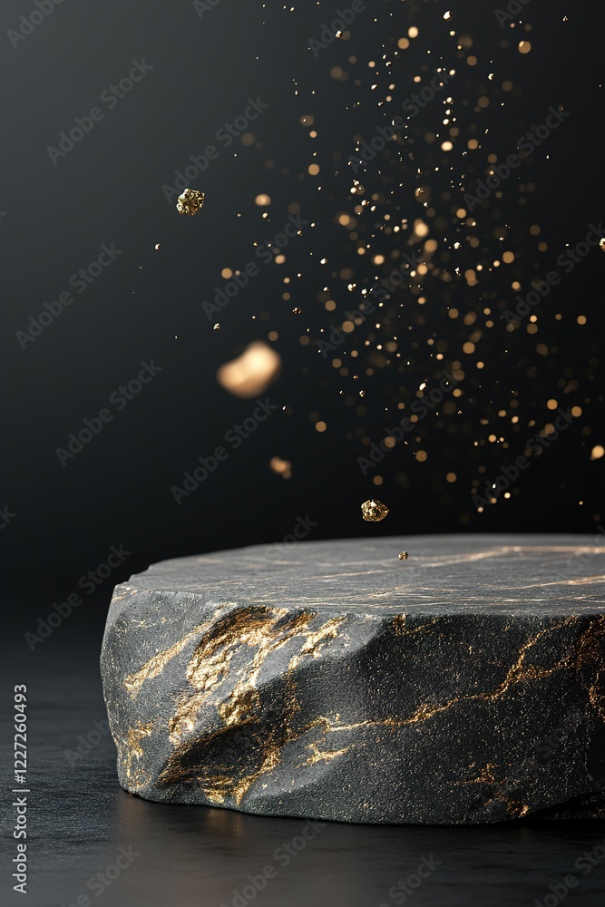 Poster the sophisticated black marble displays intricate patterns while golden particles float gracefully a