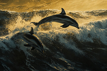 Joyful Leaps: A Pair of Dolphins Playing Above the Waves