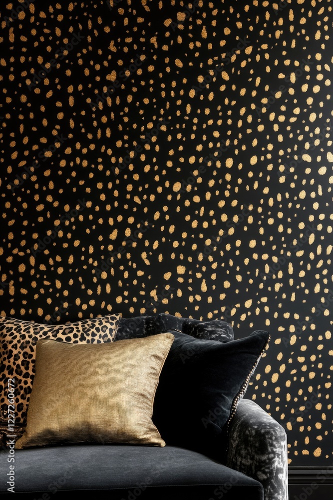 Poster a couch with a leopard print pillow on it is sitting in front of a wall with a gold and black patter
