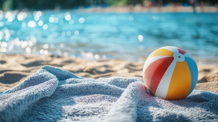 Obraz premium A beach towel is laying on the sand next to a beach ball