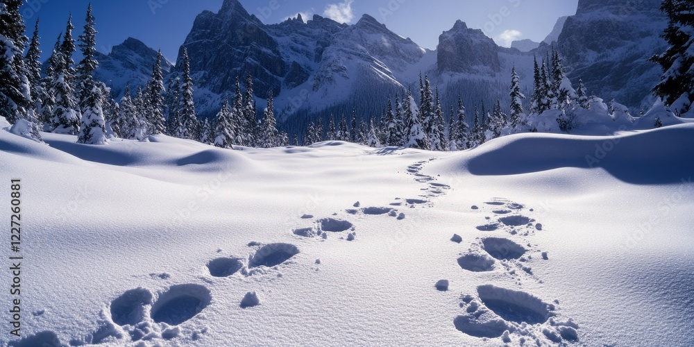 Poster a snowy mountain range with a path through the snow. the path is made by the tracks of a person or a
