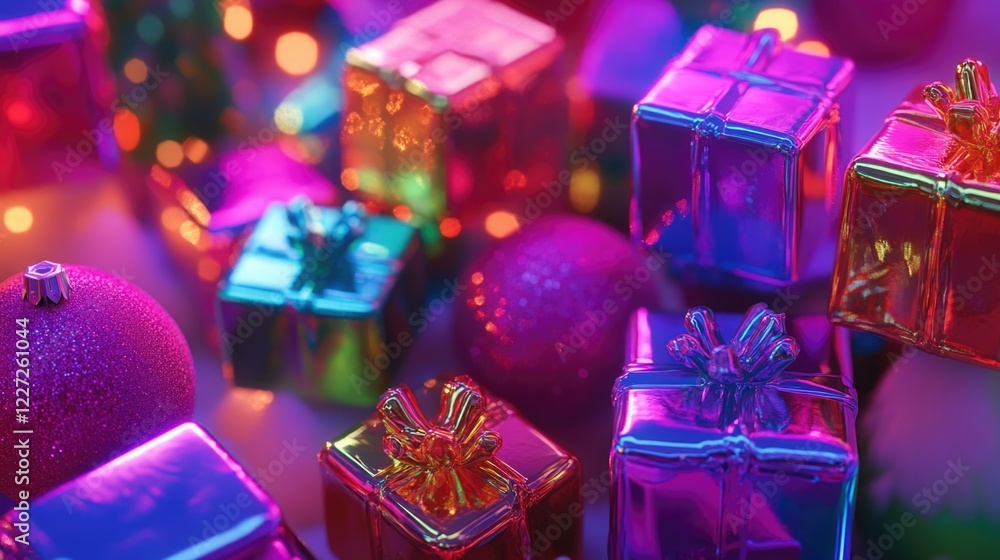 Poster a colorful array of shiny, metallic presents and ornaments. the shiny, metallic presents are arrange