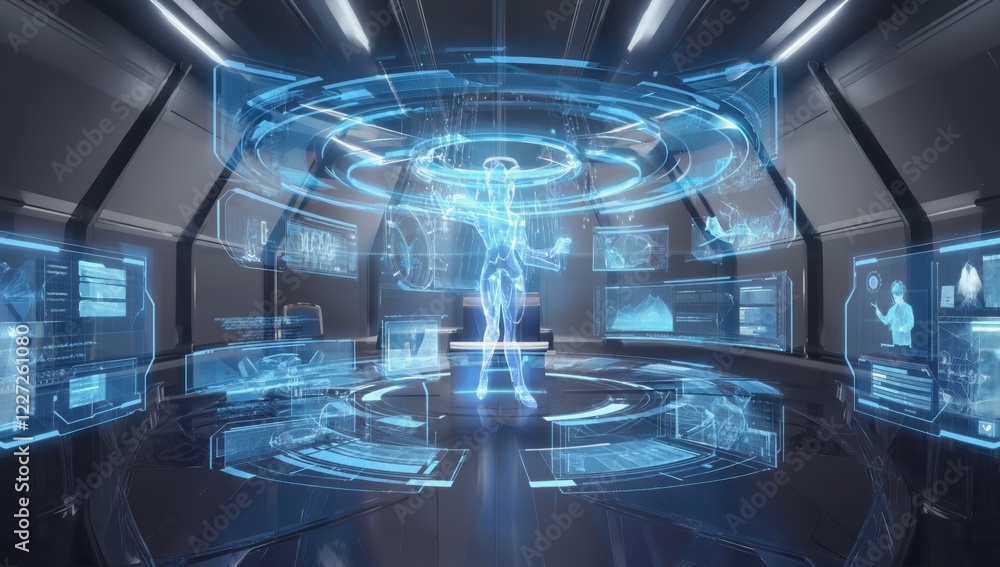Poster hologram of a woman interacting with a futuristic control room interface, managing data and informat