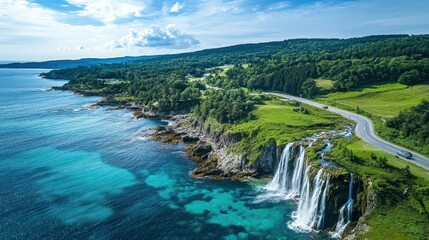 Coastal Waterfall, Scenic Road, Summer, Norway, Aerial View, Tourism