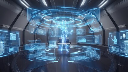 Hologram of a woman interacting with a futuristic control room interface, managing data and information through holographic displays, showcasing advanced technology and innovation