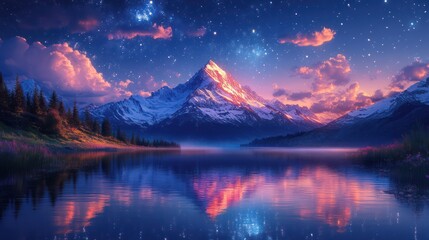 Starry Night Mountain Lake Reflection