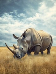 Fototapeta premium A rhino is standing in a field of tall grass. The sky is cloudy and the sun is shining through the clouds