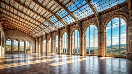 Naklejka premium Ancient stone structure with a vast empty space, featuring a high ceiling and large windows , panoramic view, ancient architecture
