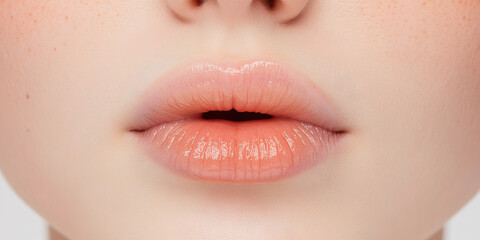 Obraz premium Close-up of Lips with Peach-Toned Lip Gloss and Freckles